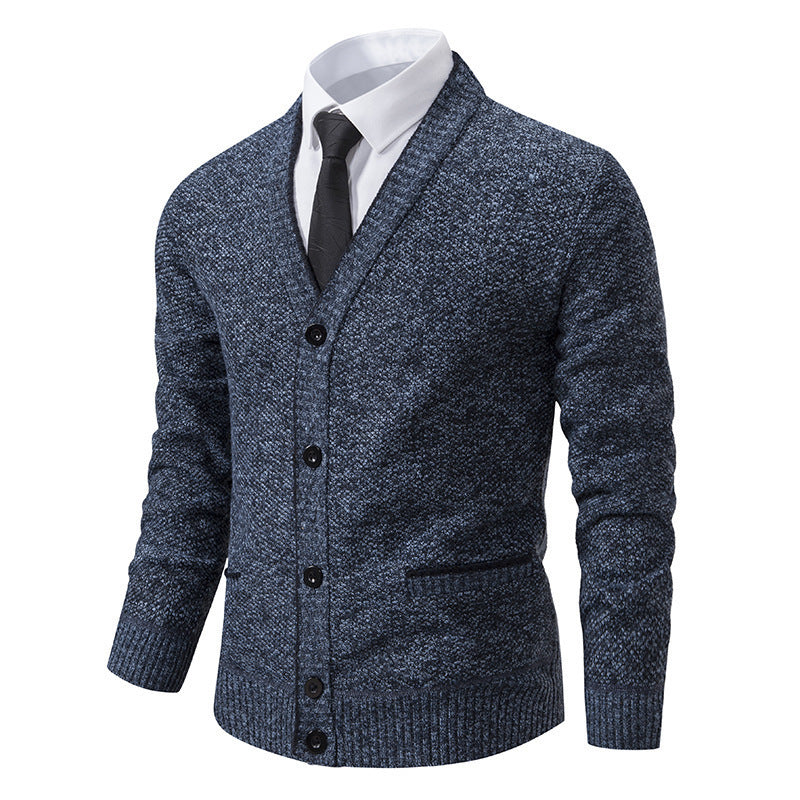 Casual Fleece-lined Cardigan Long Sleeve Youth Stand Collar Sweater Men&