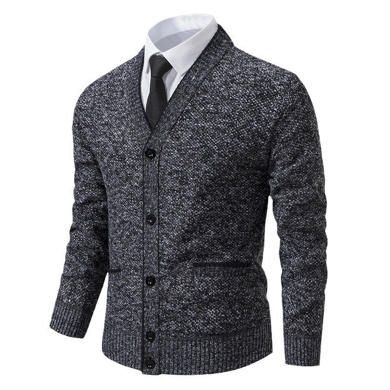 Casual Fleece-lined Cardigan Long Sleeve Youth Stand Collar Sweater Men&