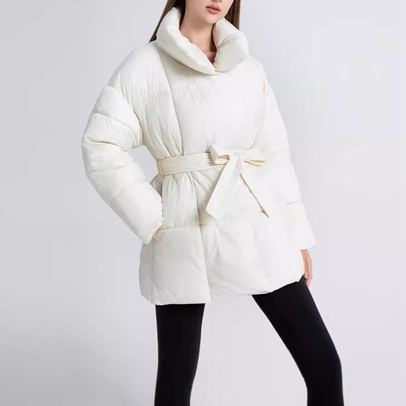 Winter Plaid Sewing Lapel Coat With Lace-up Design Fashion Loose Solid Thick Jacket Outerwear Women&