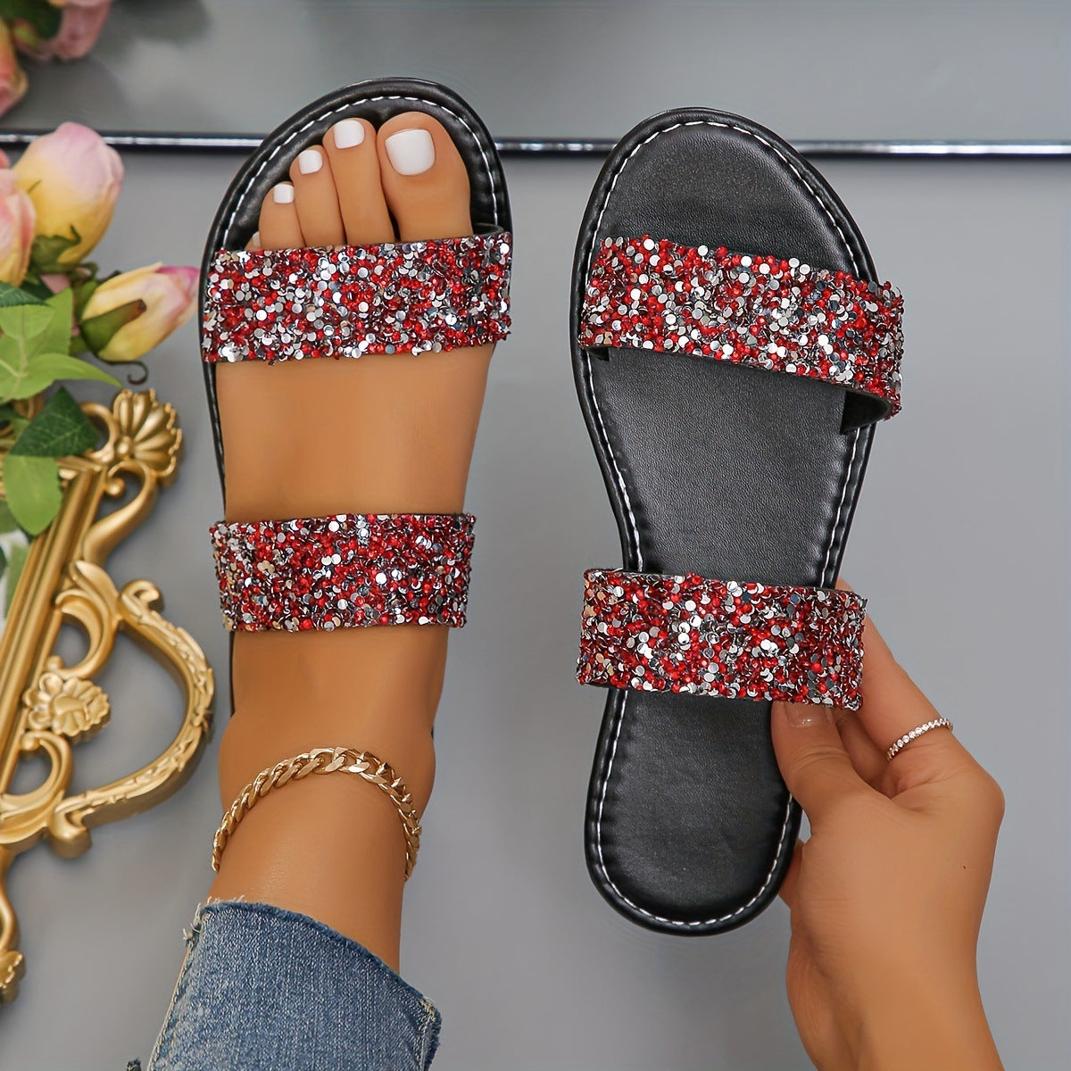 Rhinestone Lightweight Flat Slides - Women&