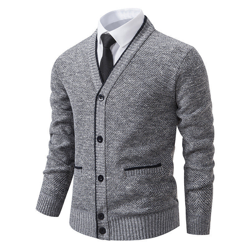 Casual Fleece-lined Cardigan Long Sleeve Youth Stand Collar Sweater Men&