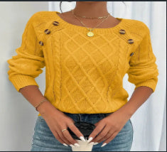 Square Neck Knitted Sweater With Button Design Winter Warm Long Sleeve Tops Women&