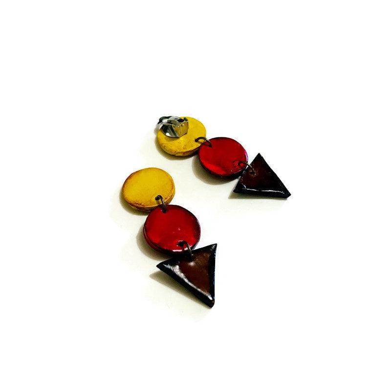 Long Statement Clip On Earrings Handmade in Orange Blue Green-3