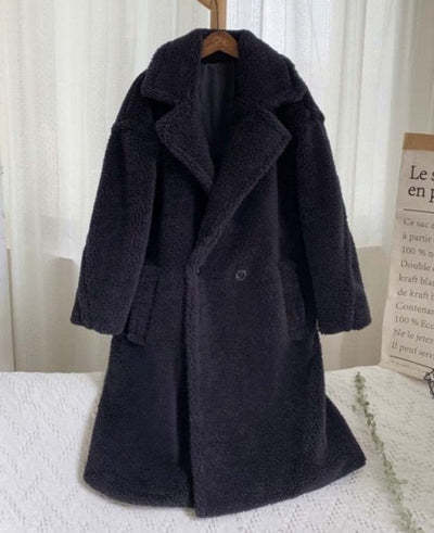 Lapel Lamb Fleece Coat With Pockets Faux Fur Coat Winter Warm Thickening Long Windbreaker Women&