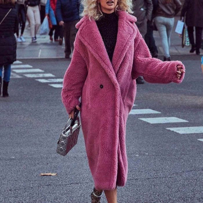 Lapel Lamb Fleece Coat With Pockets Faux Fur Coat Winter Warm Thickening Long Windbreaker Women&