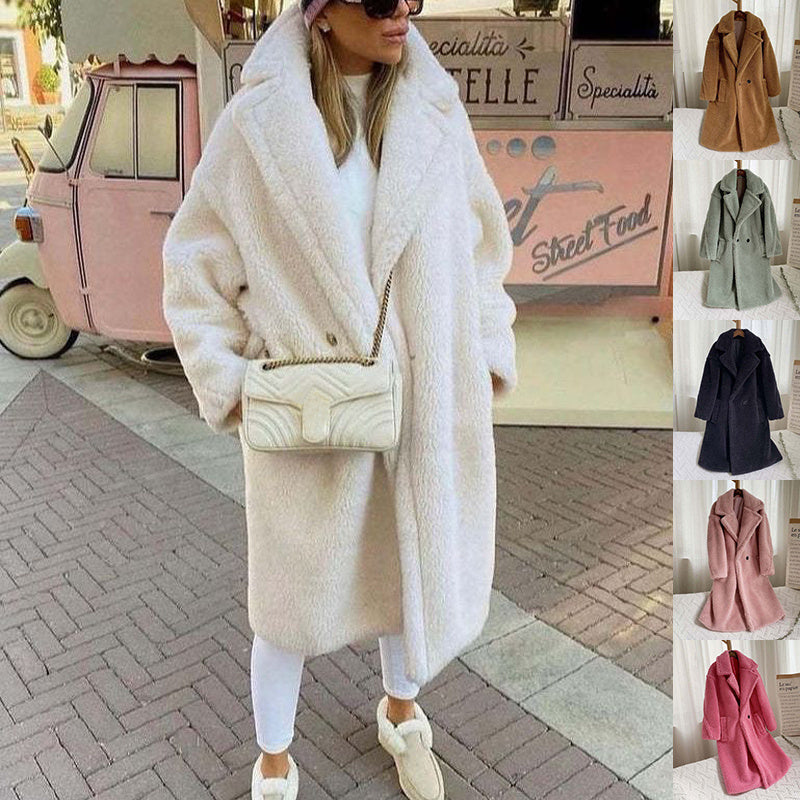 Lapel Lamb Fleece Coat With Pockets Faux Fur Coat Winter Warm Thickening Long Windbreaker Women&