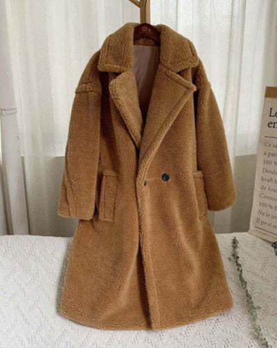 Lapel Lamb Fleece Coat With Pockets Faux Fur Coat Winter Warm Thickening Long Windbreaker Women&
