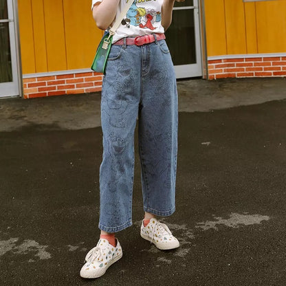 Automne Nouvelles Femmes De Mode Jeans Pleine Longueur Zipper Cartoon Ours Imprimer Jambe Large Pantalon Femme Denim Pantalon Preppy Style