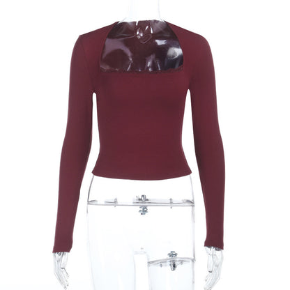 Square Collar Top Slim Fit Slimming Long Sleeves Commuter T-shirt