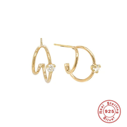 S925 Sterling Silver Layered C- Shaped Pave Claw Set Double Earrings