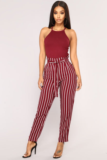 Autumn Winter  women casual mid waist pants black striped bow tierricdress