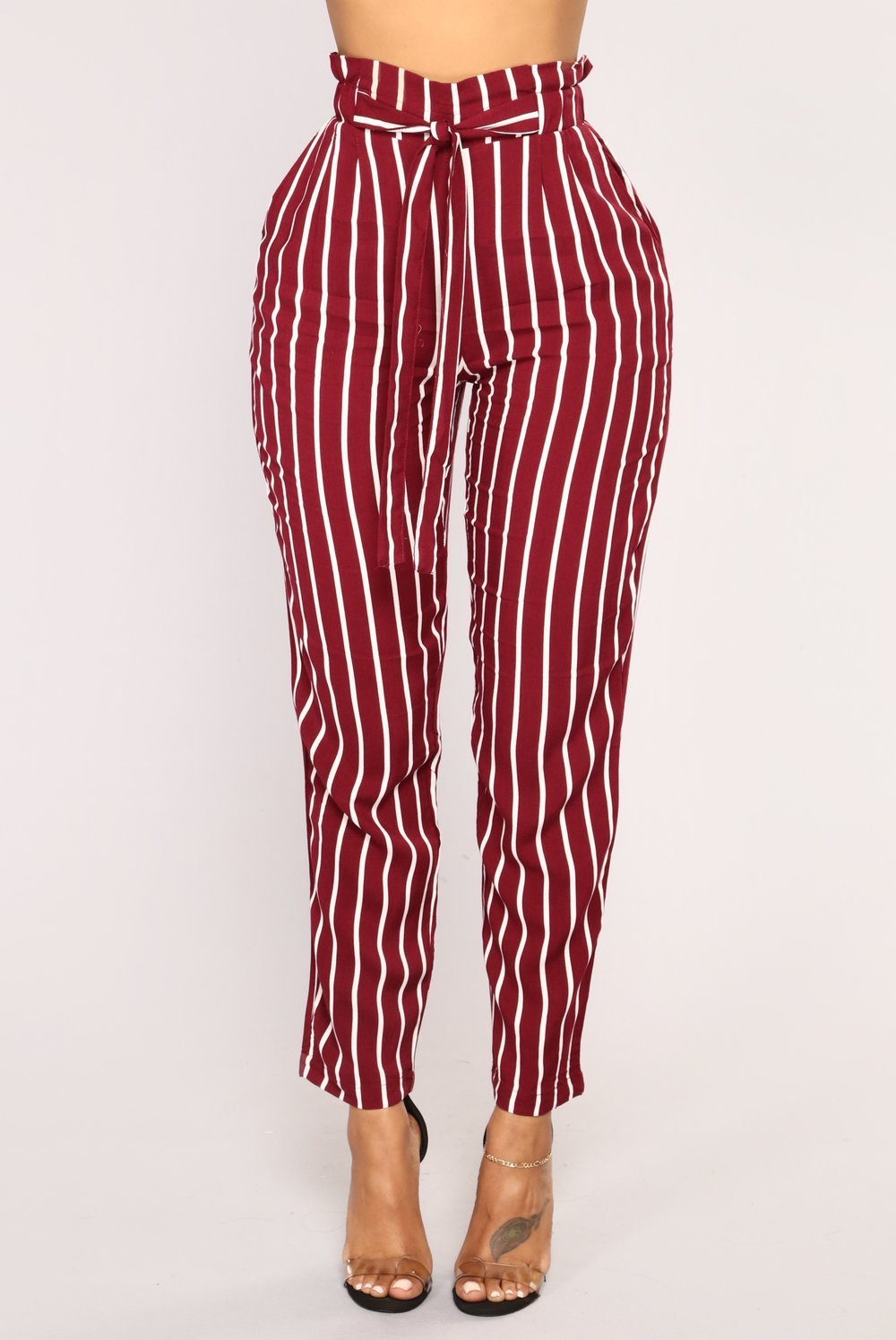 Autumn Winter  women casual mid waist pants black striped bow tierricdress