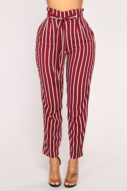 Autumn Winter  women casual mid waist pants black striped bow tierricdress