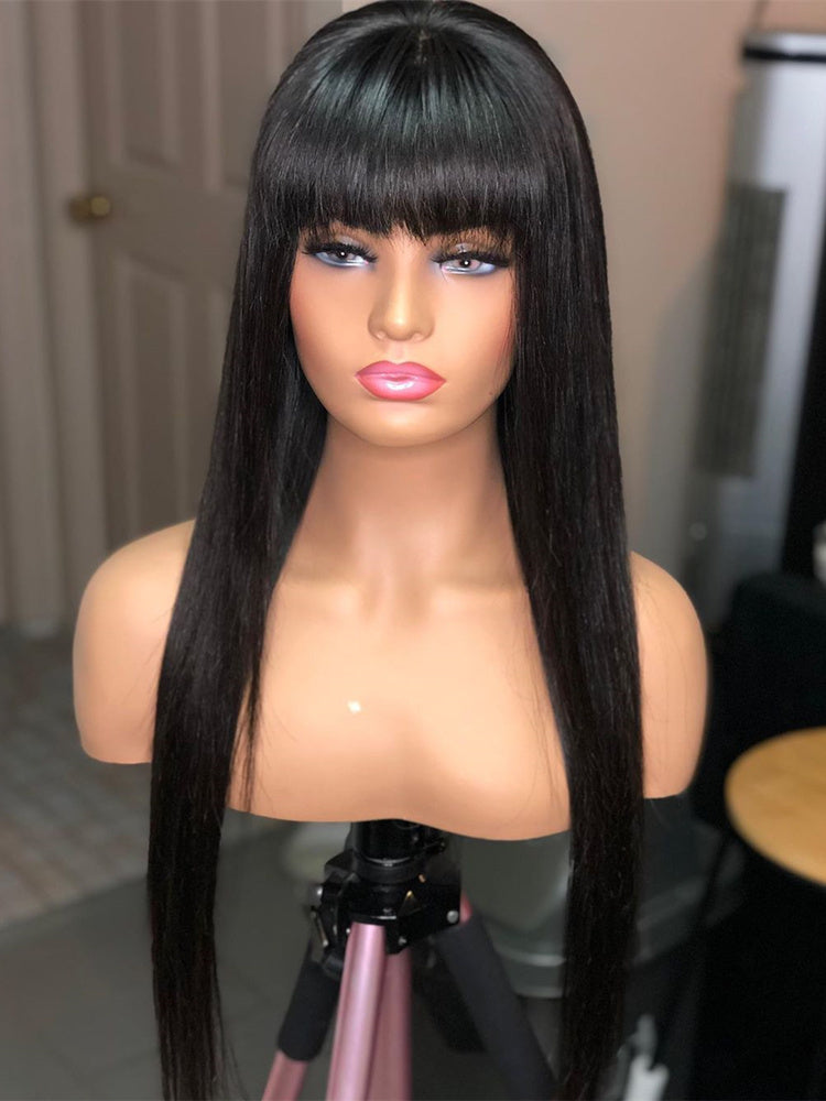 Brazilian Straight Black 100% Real Hair 30-Inch Long Bangs Wig