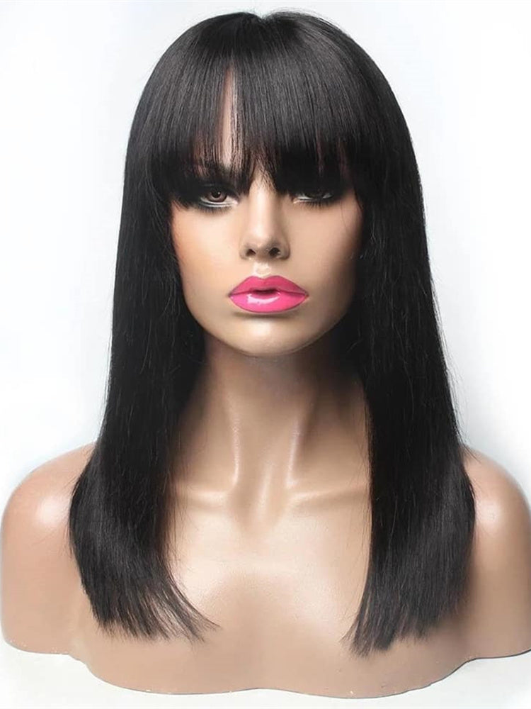 Brazilian Straight Black 100% Real Hair 30-Inch Long Bangs Wig