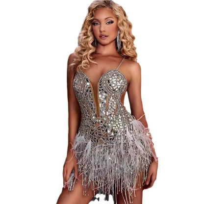 Female Summer Sequins Feather Tassel Backless Dress