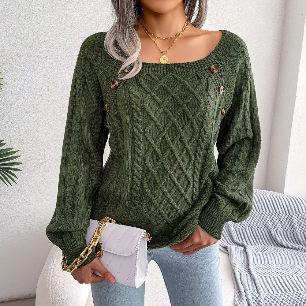 Square Neck Knitted Sweater With Button Design Winter Warm Long Sleeve Tops Women&