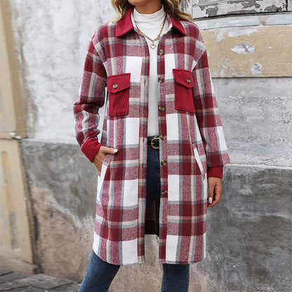 New Brushed Plaid Long Coat With Pockets Fashion Winter Jacket Outwear Women&