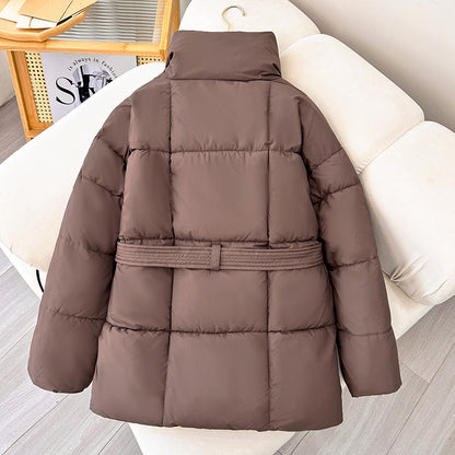 Winter Plaid Sewing Lapel Coat With Lace-up Design Fashion Loose Solid Thick Jacket Outerwear Women&