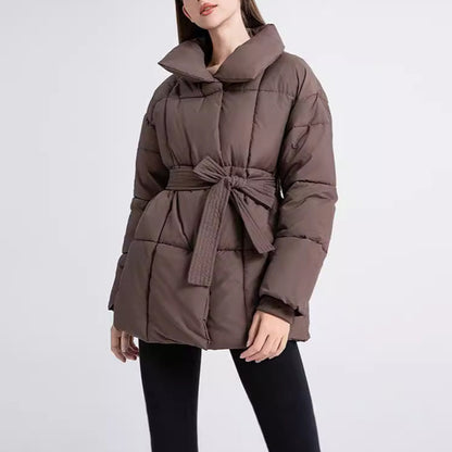 Winter Plaid Sewing Lapel Coat With Lace-up Design Fashion Loose Solid Thick Jacket Outerwear Women&