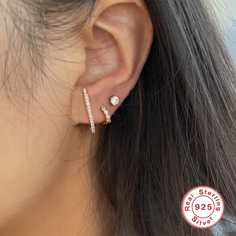 S925 Sterling Silver Layered C- Shaped Pave Claw Set Double Earrings