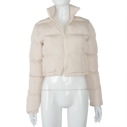 Fashion Short Coat Winter Warm Long-sleeved Stand Collar Zipper Bread Cotton Coat With Drawstring Design Women&