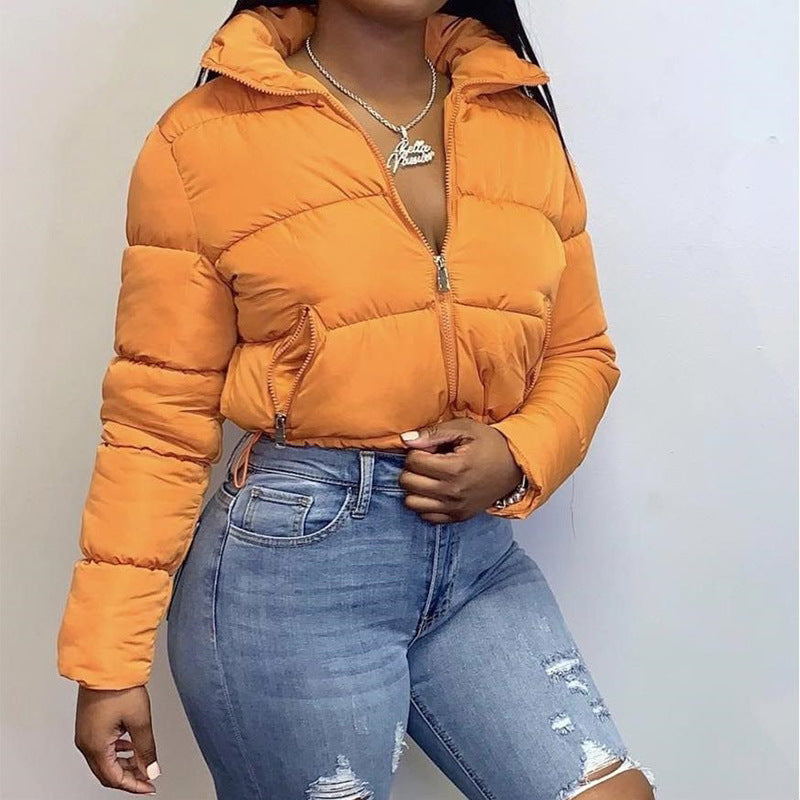 Fashion Short Coat Winter Warm Long-sleeved Stand Collar Zipper Bread Cotton Coat With Drawstring Design Women&