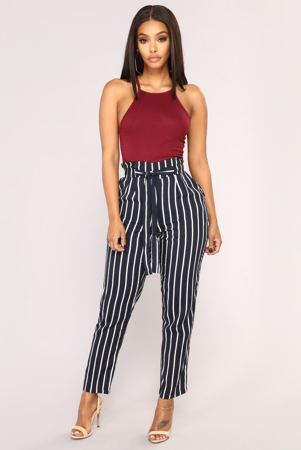 Autumn Winter  women casual mid waist pants black striped bow tierricdress