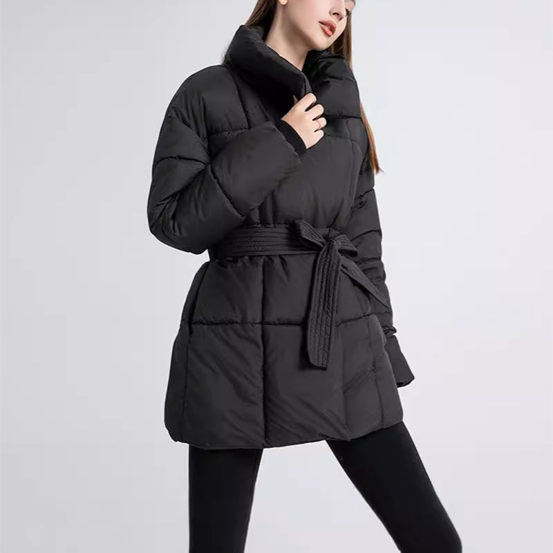 Winter Plaid Sewing Lapel Coat With Lace-up Design Fashion Loose Solid Thick Jacket Outerwear Women&