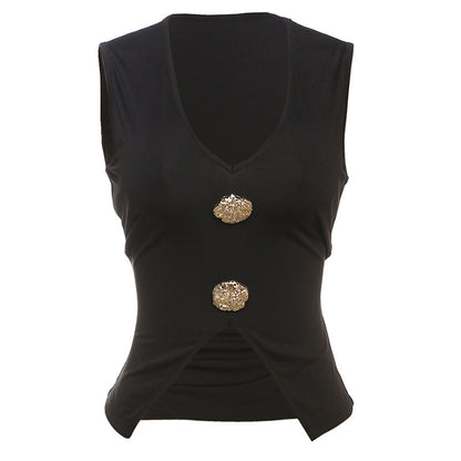 European And American Elegant Metal Fastener Decoration V-neck Sexy Cropped Tank Top