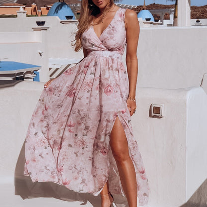 Printed chiffon split V-neck dress