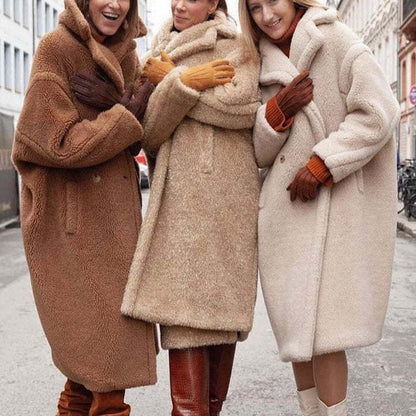 Lapel Lamb Fleece Coat With Pockets Faux Fur Coat Winter Warm Thickening Long Windbreaker Women&