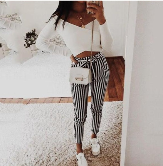 Autumn Winter  women casual mid waist pants black striped bow tierricdress