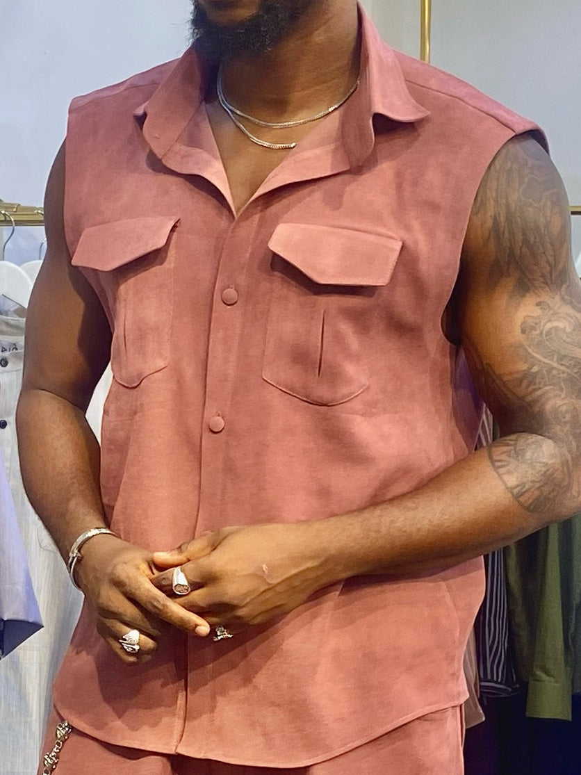 Sleeveless Button - Up Shirt And Cargo Pants Set