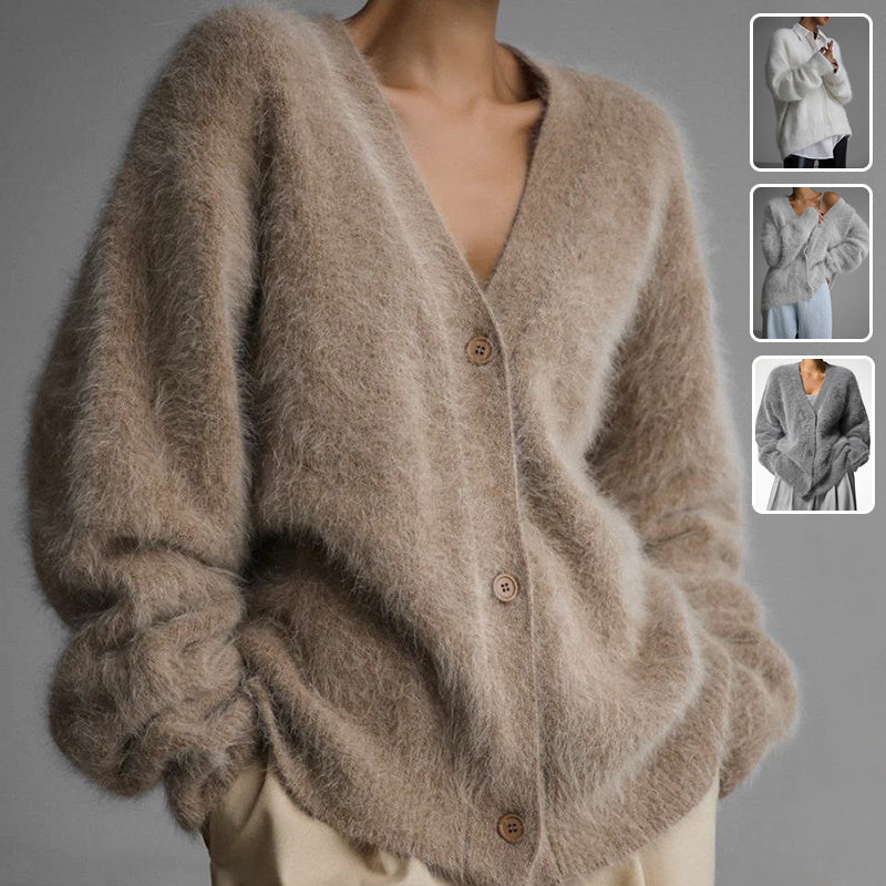 Loose V-neck Button Cardigan Fall Winter Fashion Single Breasted Knitted Sweater Top Women&