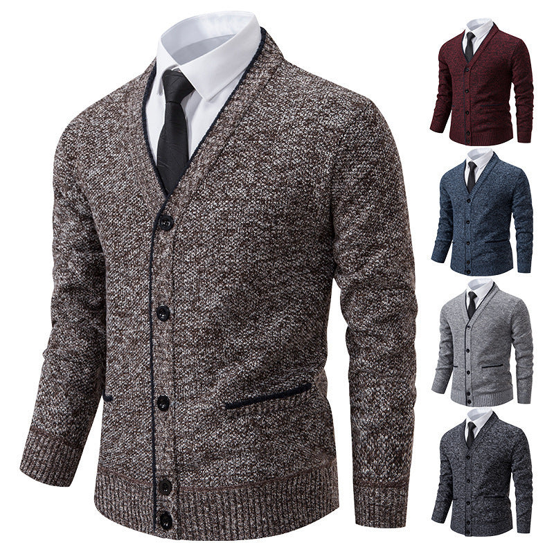 Casual Fleece-lined Cardigan Long Sleeve Youth Stand Collar Sweater Men&