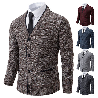 Casual Fleece-lined Cardigan Long Sleeve Youth Stand Collar Sweater Men&
