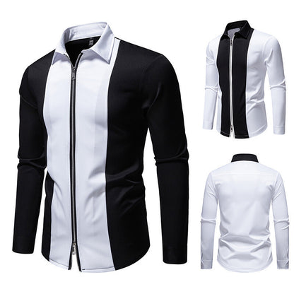 Color Block Zipper Design Plus Size Long Sleeve Shirt
