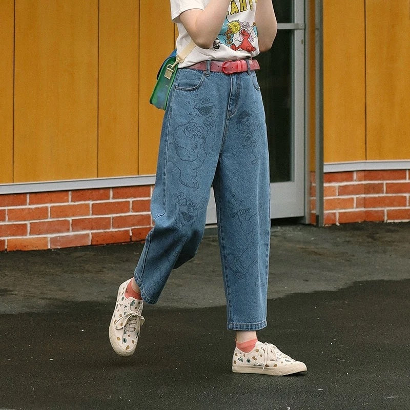 Automne Nouvelles Femmes De Mode Jeans Pleine Longueur Zipper Cartoon Ours Imprimer Jambe Large Pantalon Femme Denim Pantalon Preppy Style