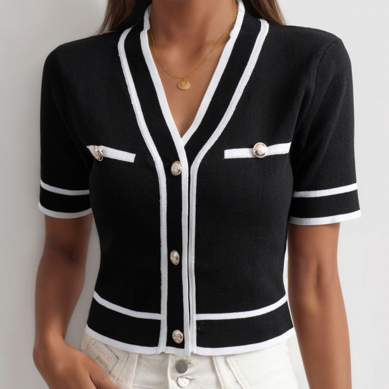 Black And White Temperament French V-neck Color Blocking