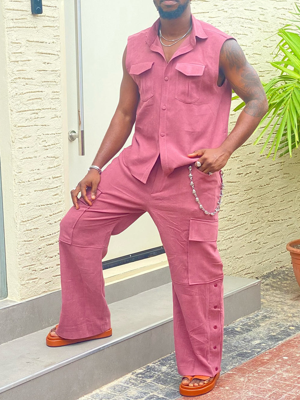 Sleeveless Button - Up Shirt And Cargo Pants Set