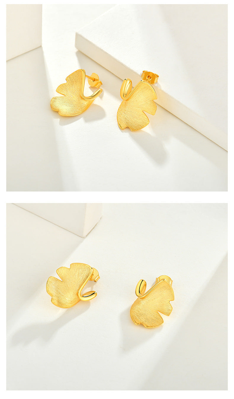 925 Sterling Silver Stud Earrings Female Plated 14k Gold Premium Sense Of Niche Design Ginkgo Biloba National Style Silver Jewelery