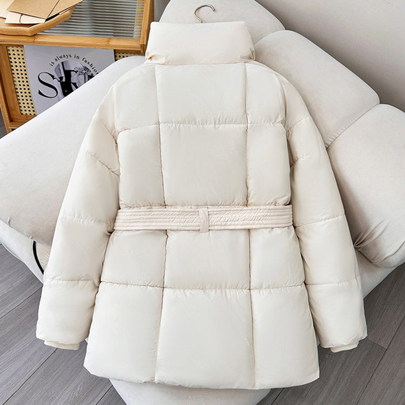 Winter Plaid Sewing Lapel Coat With Lace-up Design Fashion Loose Solid Thick Jacket Outerwear Women&