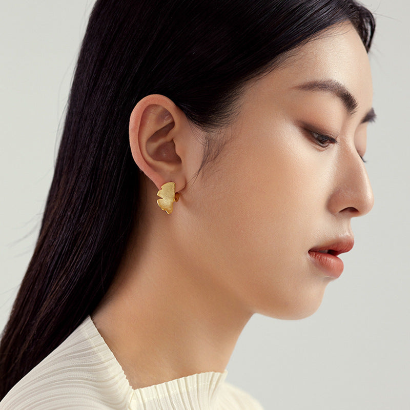 925 Sterling Silver Stud Earrings Female Plated 14k Gold Premium Sense Of Niche Design Ginkgo Biloba National Style Silver Jewelery