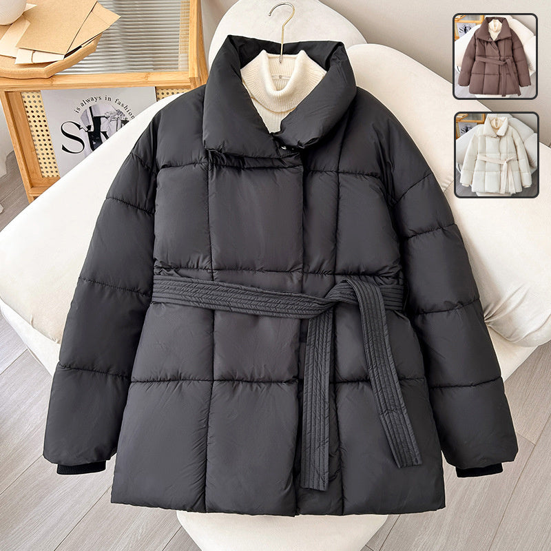Winter Plaid Sewing Lapel Coat With Lace-up Design Fashion Loose Solid Thick Jacket Outerwear Women&