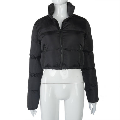 Fashion Short Coat Winter Warm Long-sleeved Stand Collar Zipper Bread Cotton Coat With Drawstring Design Women&