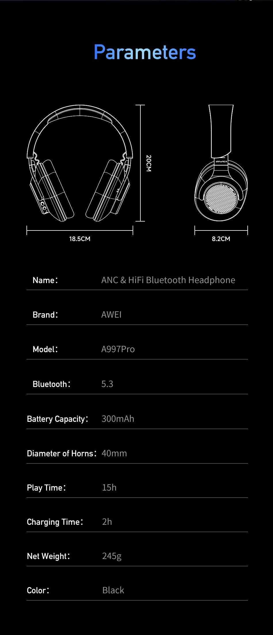 AWEI ANC Active Noise Cancelling Bluetooth Headset