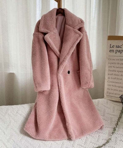 Lapel Lamb Fleece Coat With Pockets Faux Fur Coat Winter Warm Thickening Long Windbreaker Women&