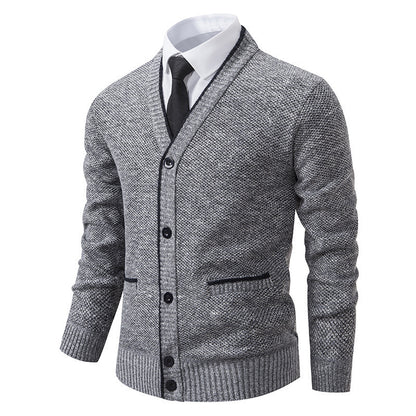 Casual Fleece-lined Cardigan Long Sleeve Youth Stand Collar Sweater Men&