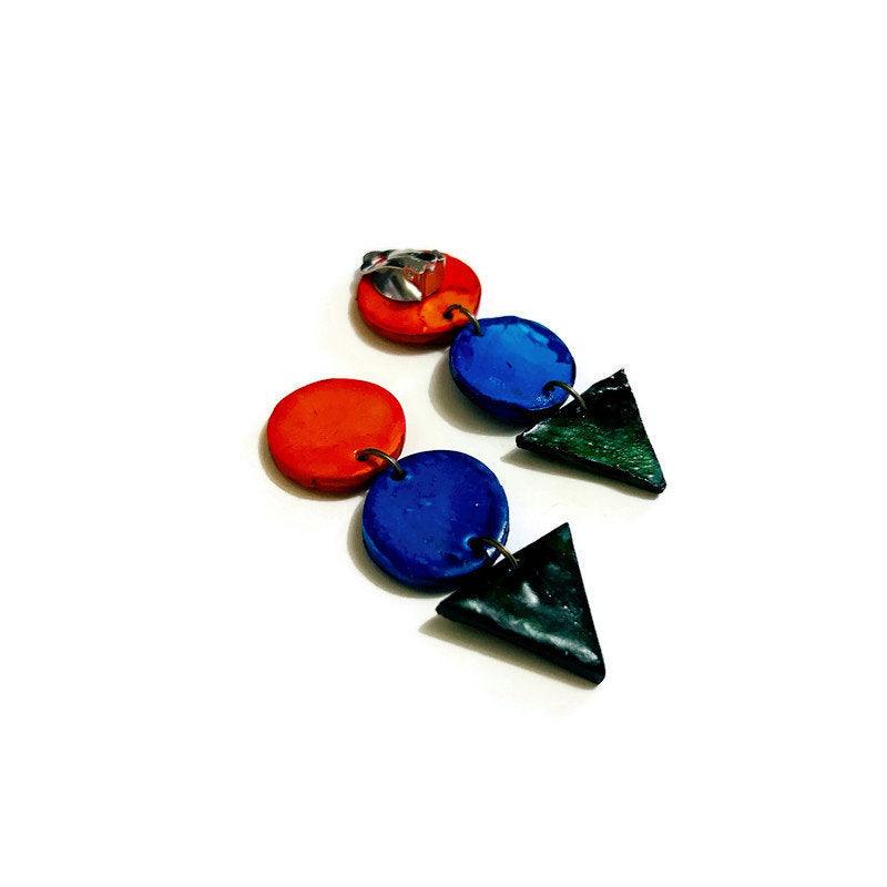 Long Statement Clip On Earrings Handmade in Orange Blue Green-0